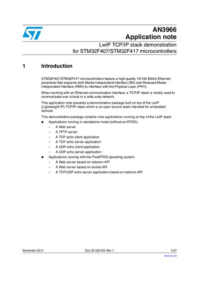 STMicroelectronics STM32F407/STM32F417 AN3966 Application Note - cover page