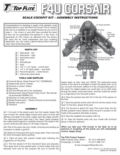 Top Flite F4U Corsair Scale Cockpit Kit Assembly Instructions - cover page