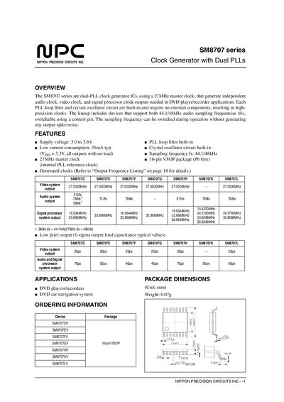 Nippon Precision Circuits SM8707 Series Datasheet - cover page
