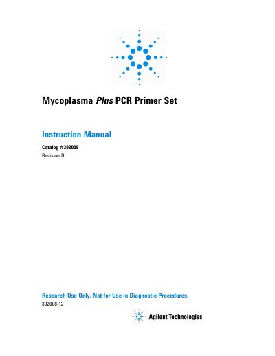 Agilent Mycoplasma Plus PCR Primer Set Instruction Manual Catalog #302008 Revision D - cover page
