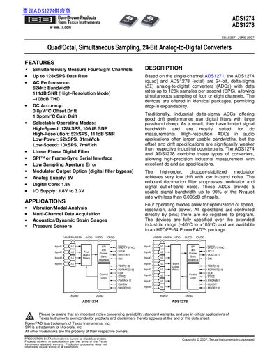 TEXAS INSTRUMENTS ADS1274 ADS1278 Quad/Octal Simultaneous Sampling 24-Bit Analog-to-Digital Converters handbook
