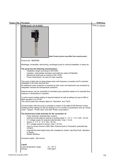 Grundfos MTRE 64-2/2 A-F-A-HUUV Multistage Pump Data Sheet - cover page