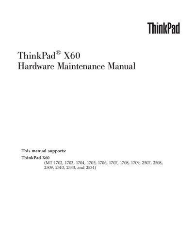 Lenovo ThinkPad X60 Hardware Maintenance Manual - cover page