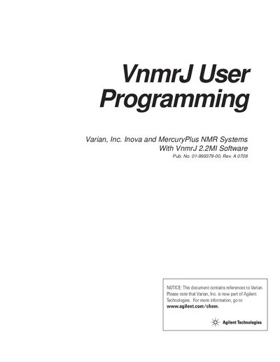 Agilent VnmrJ 2.2MI User Programming for Inova MercuryPlus Systems - cover page
