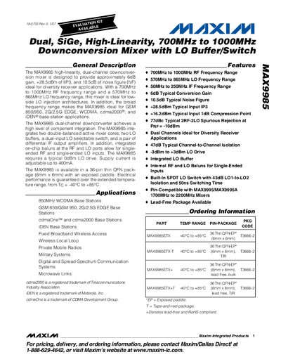 Maxim MAX9985 Dual-Channel Downconversion Mixer Datasheet - cover page