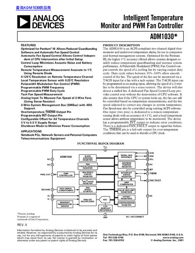 Analog Devices ADM1030 Intelligent Temperature Monitor and PWM Fan Controller Datasheet - cover page