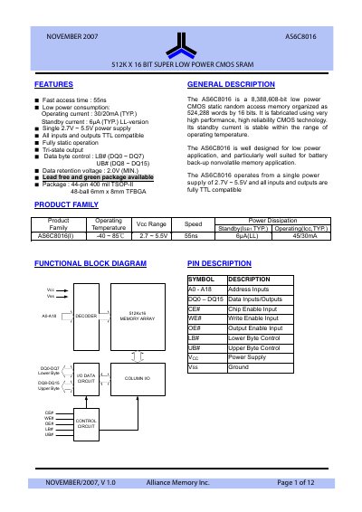 Alliance Memory AS6C8016 512K x 16‑bit Low Power SRAM Datasheet - cover page