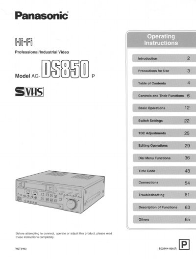 Panasonic AG-DS850 Professional Video Cassette Recorder Operating Instructions - cover page
