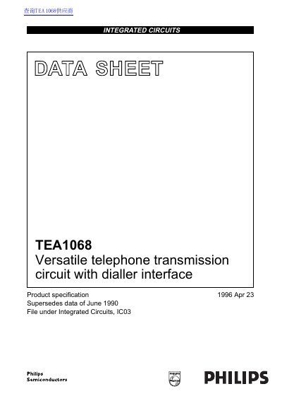 Philips TEA1068 Telephone Transmission Circuit Datasheet - cover page