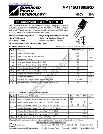 Advanced Power Technology APT15GT60BRD Datasheet - cover page