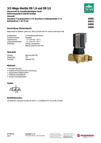 Buschjost 84660/84670/84680/84690 Series 3/2-Valve Technical Data Sheet - cover page