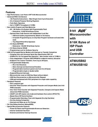 Atmel AT90USB162 Datasheet - cover page
