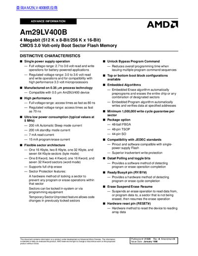 AMD Am29LV400B 4 Megabit (512 K x 8-Bit/256 K x 16-Bit) CMOS 3.0 Volt-only Boot Sector Flash Memory handbook - cover page