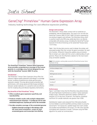 Affymetrix PrimeView™ Human Gene Expression Array Product Data Sheet - cover page