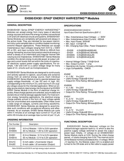 Advanced Linear Devices EH300/EH300A/EH301/EH301A Energy Harvesting Module Datasheet - cover page
