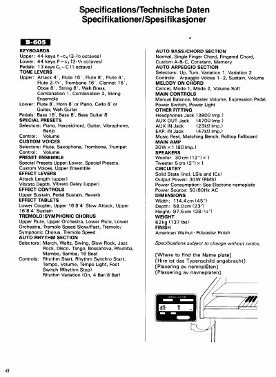 Yamaha B-605 Electone Specifications Sheet - cover page