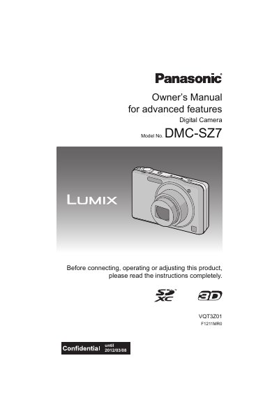Panasonic DMC-SZ7 Digital Camera Owner's Manual - cover page