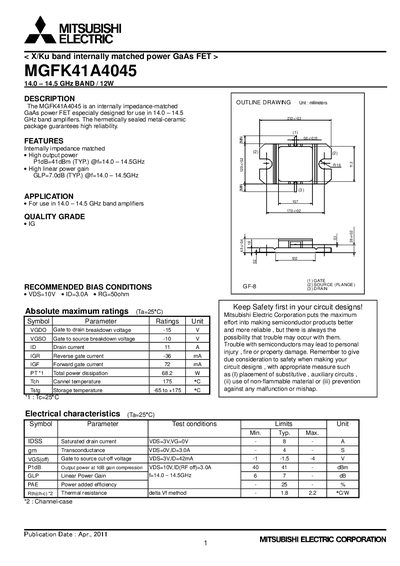 Mitsubishi Electric MGFK41A4045 Datasheet - cover page