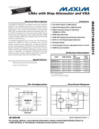 Maxim Integrated MAX2371/MAX2373 Low-Noise Amplifier Datasheet - cover page