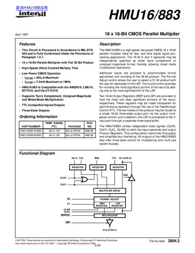 Intersil HMU16/883 16 x 16-Bit CMOS Parallel Multiplier Datasheet - cover page
