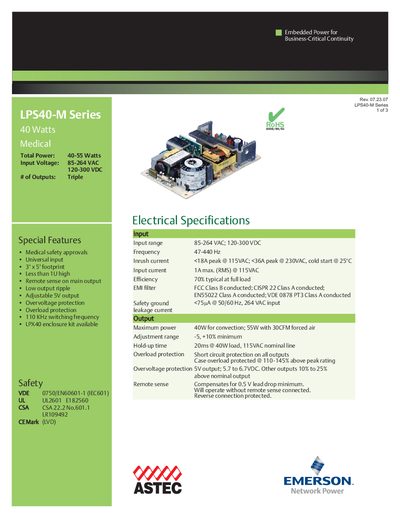 Emerson LPS40-M Series 40W Medical Power Supply Datasheet - cover page