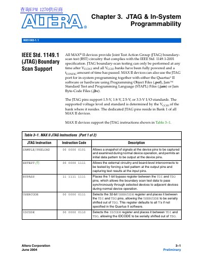 Altera MAX II Device Handbook Chapter 3 JTAG and In-System Programmability - cover page