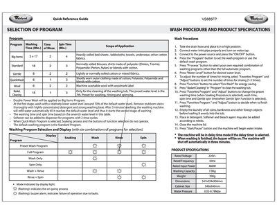 Whirlpool VS885FP Washing Machine Quick Reference Guide - cover page