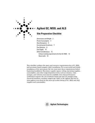 Agilent GC MSD ALS Site Preparation Checklist - cover page