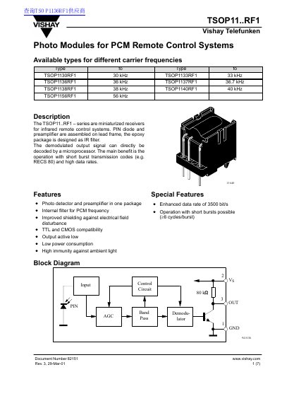 Vishay TSOP11..RF1 Infrared Receiver Module Datasheet - cover page