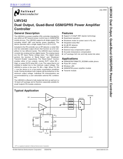 National Semiconductor LMV242 Power Amplifier Controller Datasheet - cover page