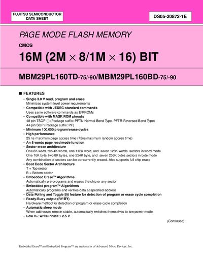 FUJITSU SEMICONDUCTOR MBM29PL160TD-75/-90 MBM29PL160BD-75/-90 handbook - cover page