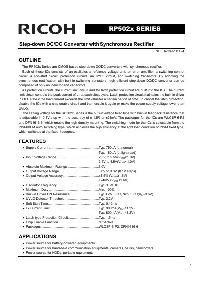 Ricoh RP502x Series Step-Down DC/DC Converter Datasheet