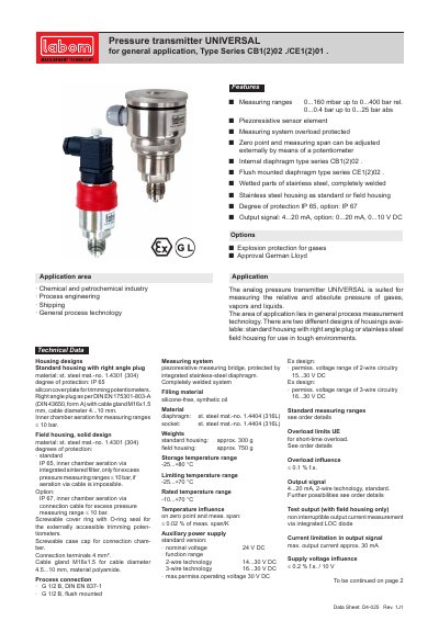 Labom CB1(2)02./CE1(2)01. Series Pressure Transmitter Datasheet - cover page
