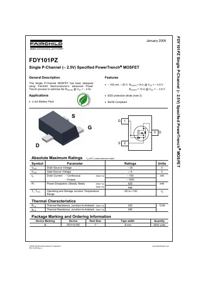 Fairchild Semiconductor FDY101PZ Single P-Channel MOSFET Datasheet - cover page