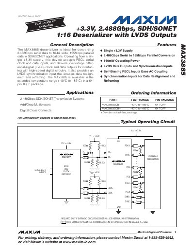 Maxim MAX3885 Deserializer Datasheet - cover page