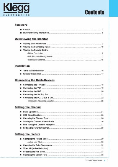 Klegg TV Owner's Manual - cover page