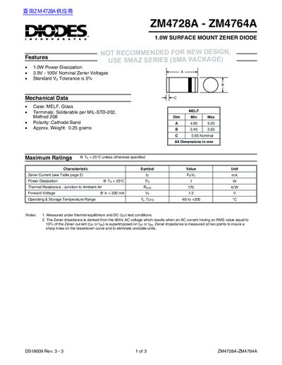 ZM4728A - ZM4764A 1.0W Surface Mount Zener Diode Datasheet - cover page