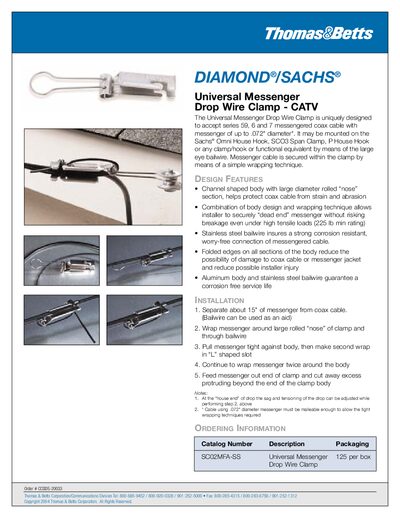 Diamond Sachs Universal Messenger Drop Wire Clamp CATV Product Leaflet - cover page