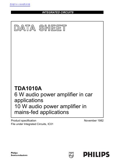 Philips TDA1010A Audio Power Amplifier Datasheet - cover page