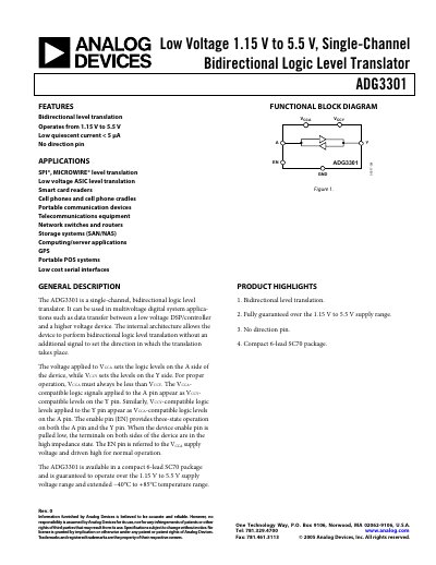 Analog Devices ADG3301 Logic Level Translator Datasheet - cover page