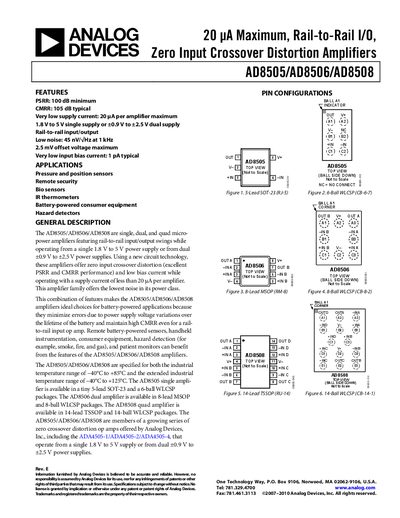 Analog Devices AD8505/AD8506/AD8508 Micro Power Amplifiers Datasheet