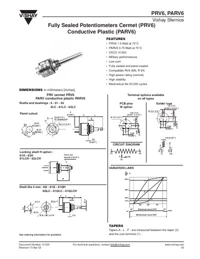 Vishay PRV6/PARV6 Series Datasheet - cover page