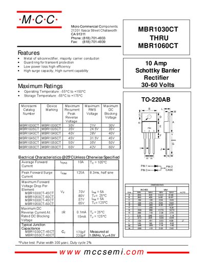 Microsemi MBR1030CT-45CT to MBR1060CT-60CT Schottky Barrier Rectifier Datasheet - cover page