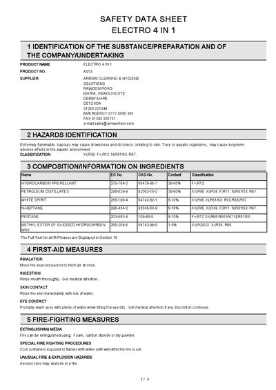 Arrow A013 Safety Data Sheet - cover page