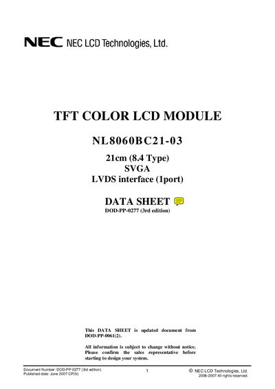 NEC NL8060BC21-03 LCD Module Data Sheet - cover page
