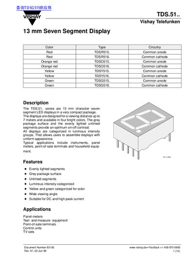 Vishay TDS.51.. 13 mm Seven Segment Display Datasheet - cover page