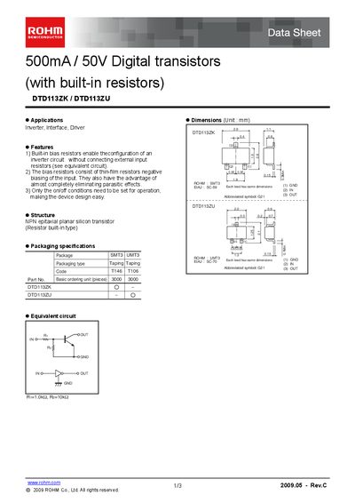 ROHM DTD113ZK/DTD113ZU Datasheet - cover page