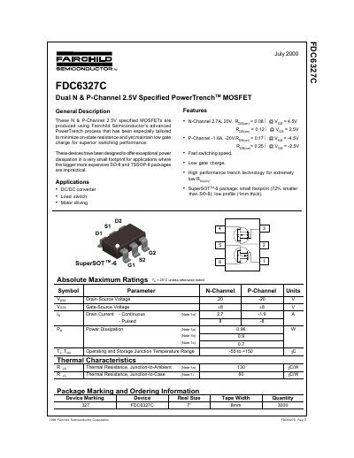 Fairchild FDC6327C Dual N & P-Channel MOSFET Datasheet - cover page