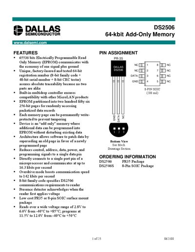 Dallas DS2506 64‑kbit Add‑Only Memory Datasheet - cover page