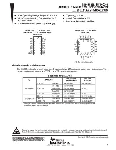 Texas Instruments SN54HC266 and SN74HC266 Datasheet - cover page